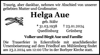 Traueranzeige von Helga Aue von Eckernförder Zeitung