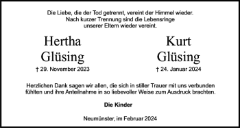 Traueranzeige von Hertha Glüsing Kurt Glüsing von Landeszeitung
