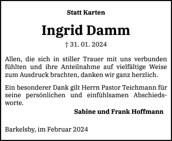 Traueranzeige von Ingrid Damm von Eckernförder Zeitung