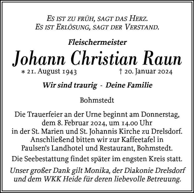 Traueranzeigen von Johann Christian Raun | sh:z Trauer