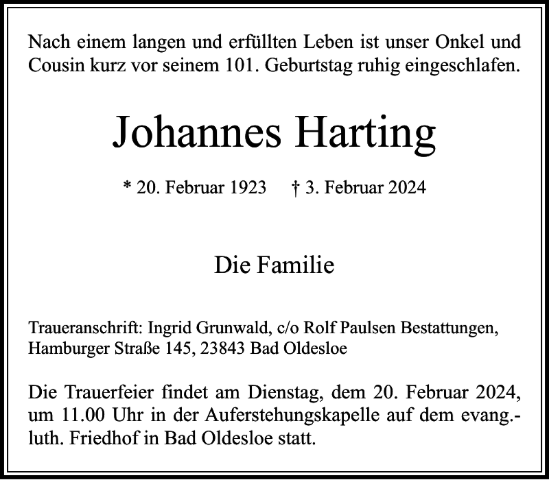  Traueranzeige für Johannes Harting vom 17.02.2024 aus Stormarner Tageblatt