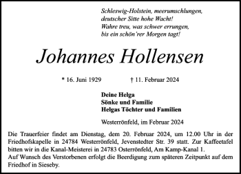 Traueranzeige von Johannes Hollensen von Landeszeitung