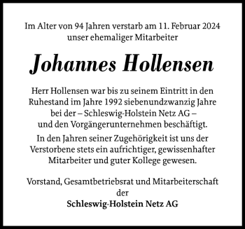 Traueranzeige von Johannes Hollensen von Landeszeitung
