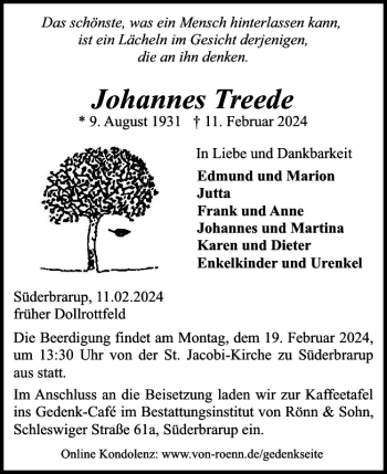 Traueranzeige von Johannes Treede von Schleswiger Nachrichten