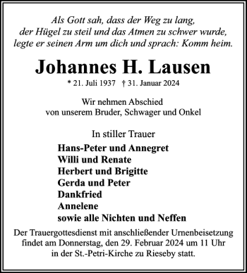 Traueranzeige von Johannes H. Lausen von Eckernförder Zeitung