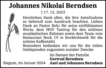 Traueranzeige von Johannes Nikolai Berndsen von Flensburger Tageblatt