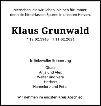 Traueranzeige von Klaus Grunwald von Norddeutsche Rundschau