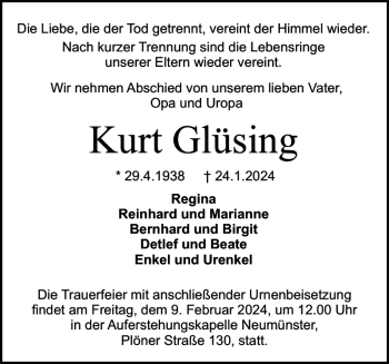 Traueranzeige von Kurt Glüsing von Landeszeitung