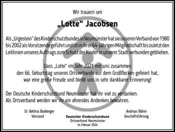 Traueranzeige von Lotte Jacobsen von Holsteinischer Courier