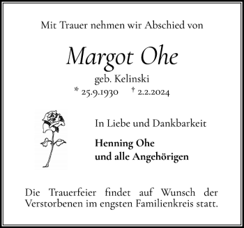 Traueranzeige von Margot Ohe von Holsteinischer Courier