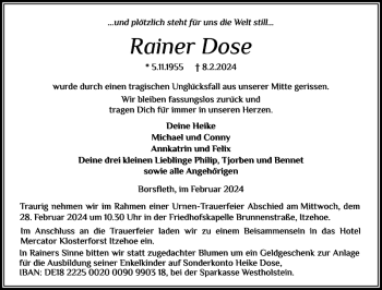Traueranzeige von Rainer Dose von Norddeutsche Rundschau