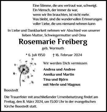 Traueranzeige von Rosemarie Freiberg von Holsteinischer Courier