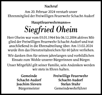 Traueranzeige von Siegfried Oheim von Landeszeitung