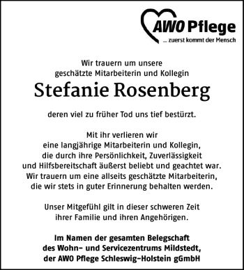 Traueranzeige von Stefanie Rosenberg von Husumer Nachrichten