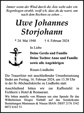 Traueranzeige von Uwe Johannes Storjohann von Husumer Nachrichten