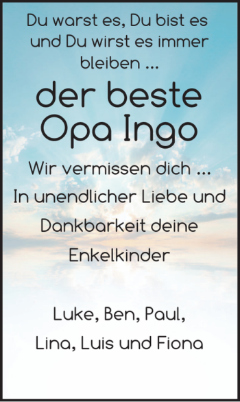Traueranzeige von der Opa Ingo von Landeszeitung