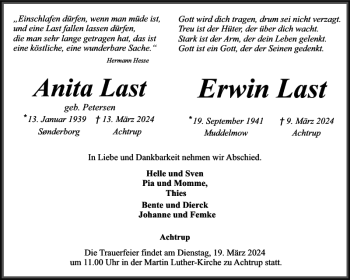 Traueranzeige von Anita und Erwin Last von Husumer Nachrichten