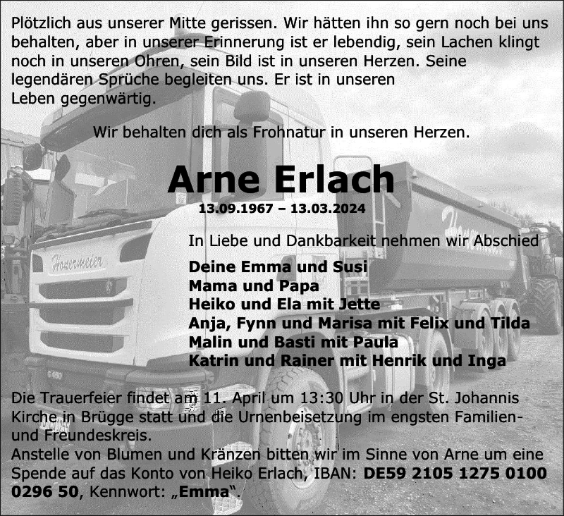 Traueranzeige für Arne Erlach vom 30.03.2024 aus Landeszeitung