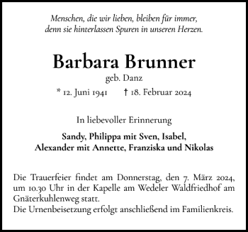 Traueranzeige von Barbara Brunner von Wedel-Schulauer Tageblatt