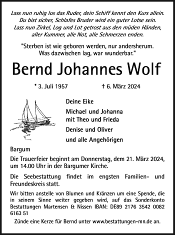 Traueranzeige von Bernd Johannes Wolf von Husumer Nachrichten