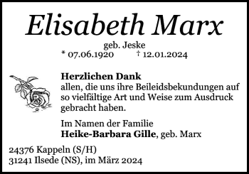 Traueranzeige von Elisabeth Marx von Schleswiger Nachrichten