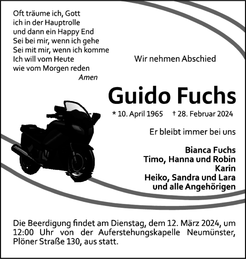  Traueranzeige für Guido Fuchs vom 09.03.2024 aus Holsteinischer Courier