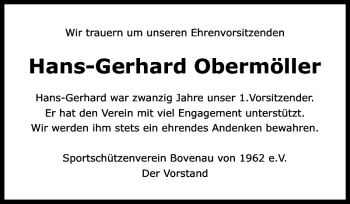 Traueranzeige von Hans-Gerhard Obermöller von Landeszeitung