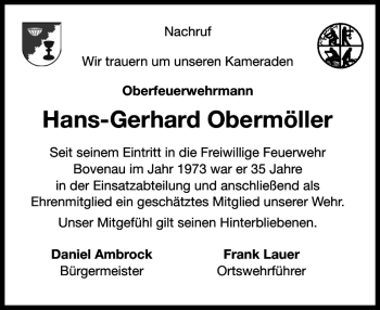 Traueranzeige von Hans-Gerhard Obermöller von Landeszeitung