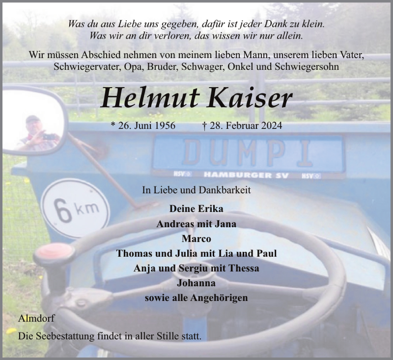 Traueranzeige für Helmut Kaiser vom 06.03.2024 aus Husumer Nachrichten