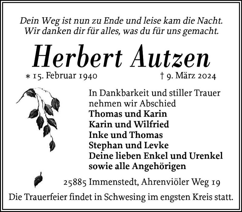 Traueranzeigen Von Herbert Autzen 