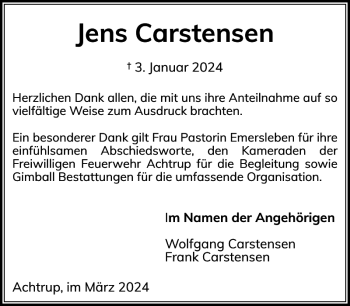 Traueranzeige von Jens Carstensen von Husumer Nachrichten