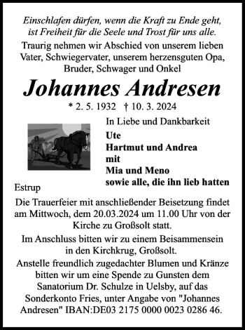 Traueranzeige von Johannes Andresen von Flensburger Tageblatt
