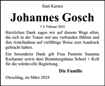 Traueranzeige von Johannes Gosch von Landeszeitung