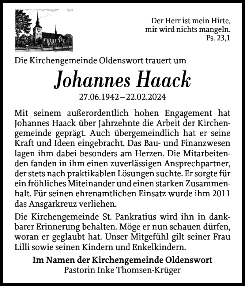  Traueranzeige für Johannes Haack vom 15.03.2024 aus Husumer Nachrichten