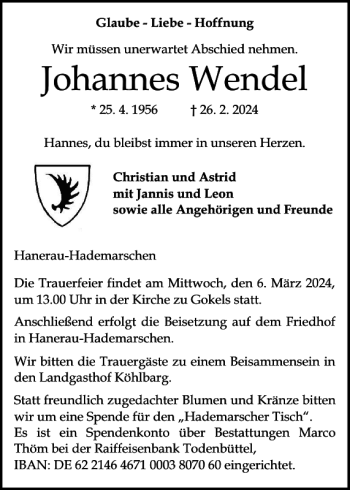 Traueranzeige von Johannes Wendel von Landeszeitung