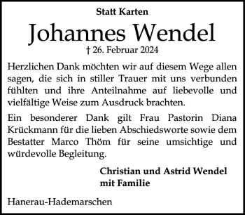 Traueranzeige von Johannes Wendel von Landeszeitung