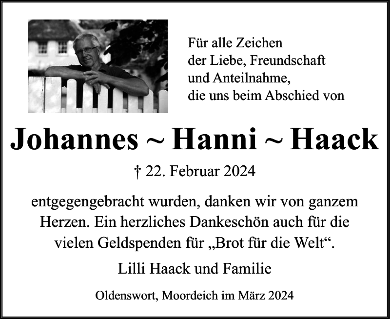  Traueranzeige für Johannes Hanni Haack vom 23.03.2024 aus Husumer Nachrichten