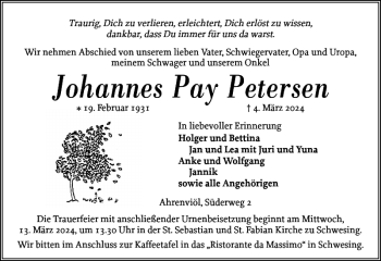 Traueranzeige von Johannes Pay Petersen von Husumer Nachrichten