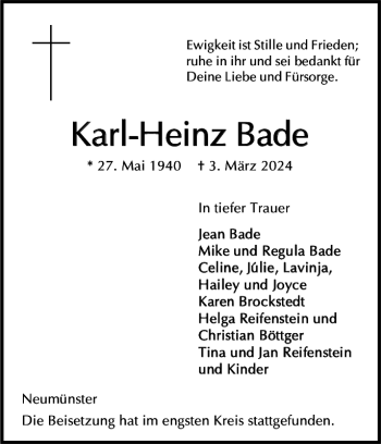 Traueranzeige von Karl-Heinz Bade von Holsteinischer Courier