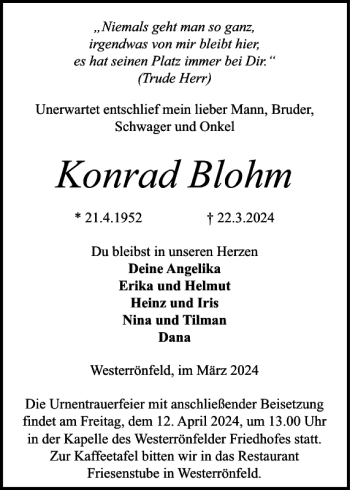 Traueranzeige von Konrad Blohm von Landeszeitung