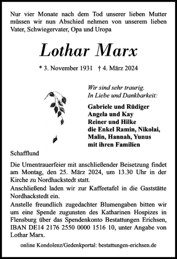 Traueranzeige von Lothar Marx von Flensburger Tageblatt