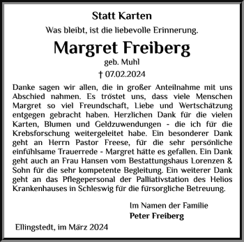Traueranzeige von Margret Freiberg von Flensburger Tageblatt