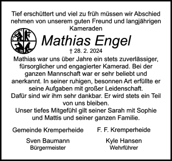 Traueranzeige von Mathias Engel von Norddeutsche Rundschau