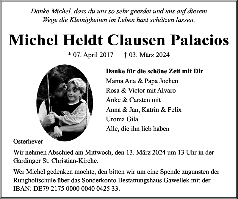  Traueranzeige für Michel Heldt Clausen Palacios vom 08.03.2024 aus Flensburger Tageblatt