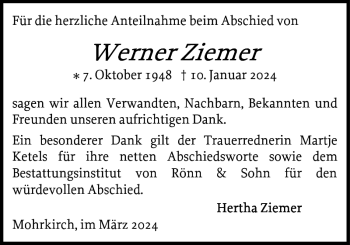 Traueranzeige von Werner Ziemer von Flensburger Tageblatt