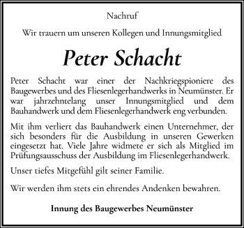 Traueranzeige von Peter Schacht von Holsteinischer Courier