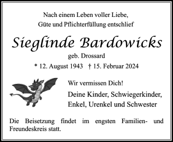 Traueranzeige von Sieglinde Bardowicks von Stormarner Tageblatt