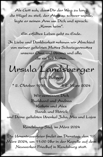 Traueranzeige von Ursula Landsberger von Landeszeitung