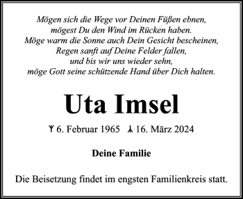 Traueranzeige von Uta Imsel von Flensburger Tageblatt
