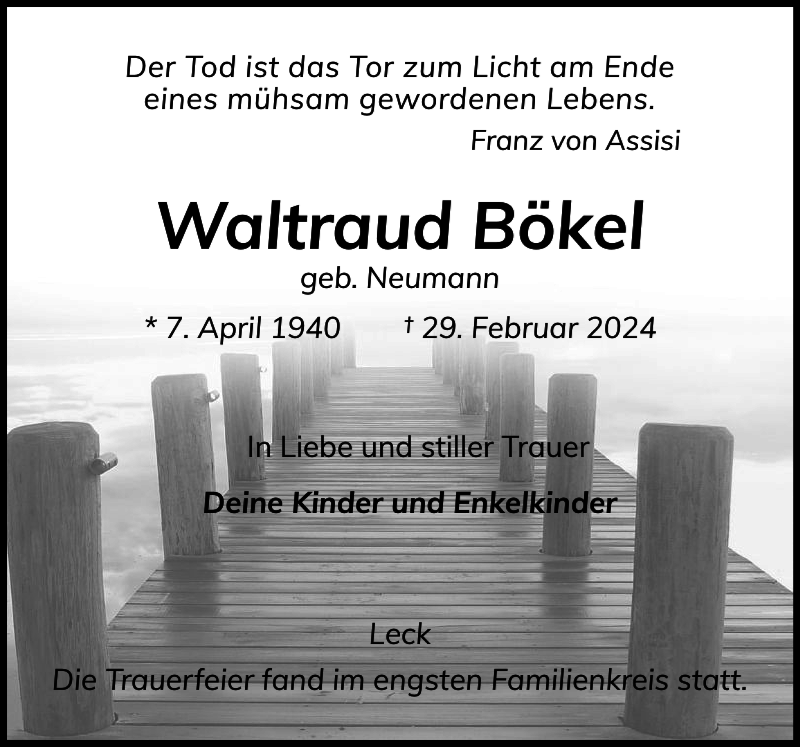  Traueranzeige für Waltraud Bökel vom 09.03.2024 aus Husumer Nachrichten